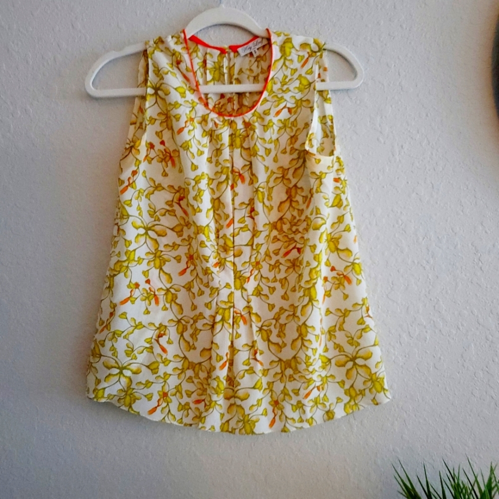 Key Leaf London Silk Tangerine Lime Floral Sleeveless Tufted Tunic Top